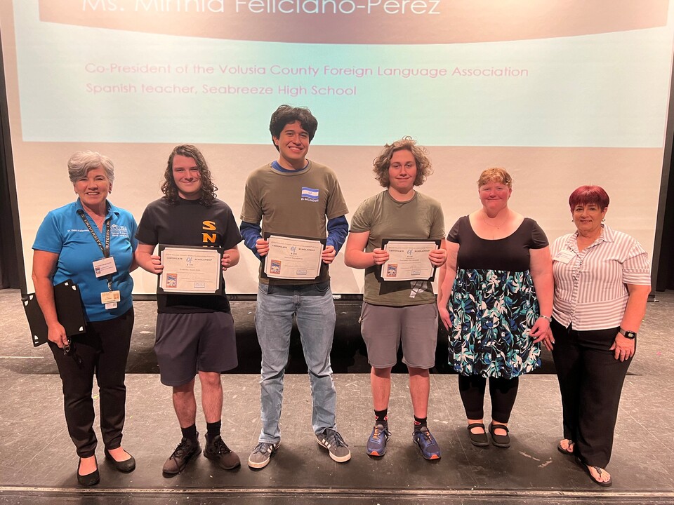 Local partners provide money for student scholarships each year. This year, scholarships were presented to 7 students. Photographed (L-R): Dr. Grace Kellermeier, Gabriel Isaacson, Isaias Salmeron, Zachary Schrager, Ms. Kim Griffith and Ms. Mirthia Feliciano-Perez, co-presidents of the VCFLA (which is why Seabreeze hosts the festival).